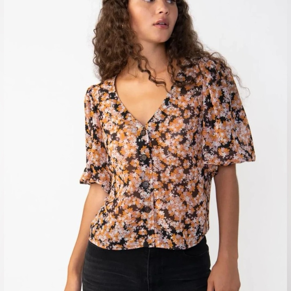 Sanctuary Floral V-Neck Button Blouse | Size XL